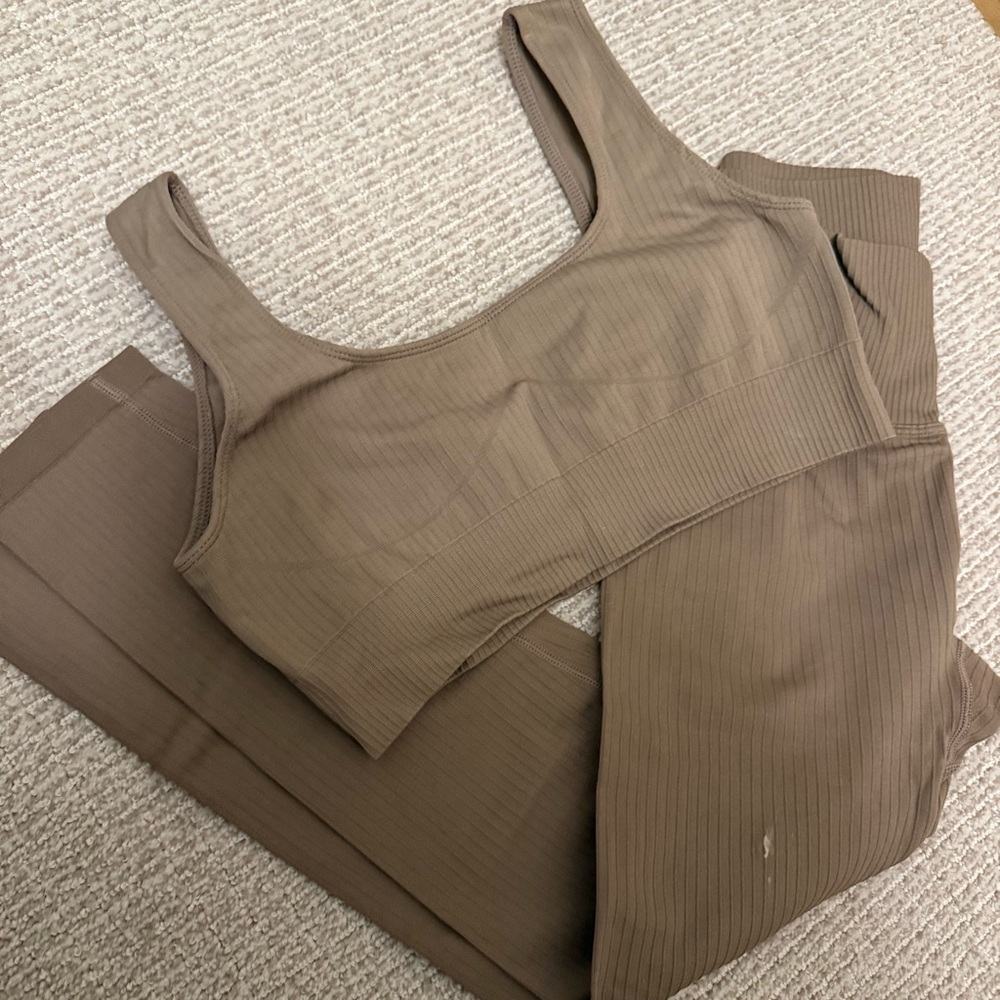 Brown Ribbed Tank and Leggings Set